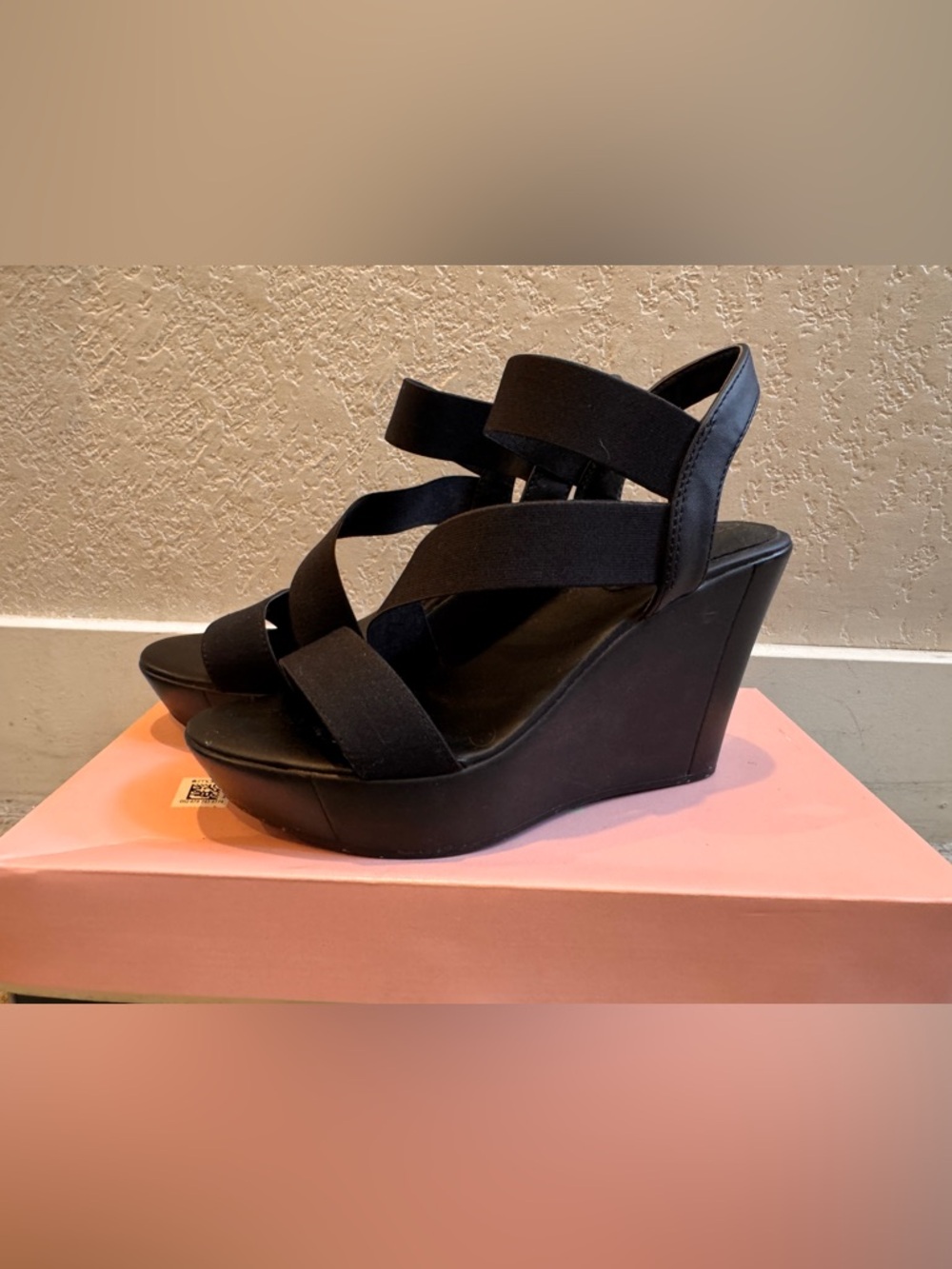 Black Elastic Strap Wedge Sandals - Classic Summer Style
